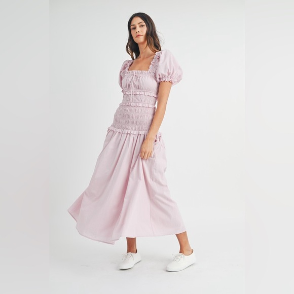 69B. Puff Sleeve Smocked Tiered Midi Dress - Mauve